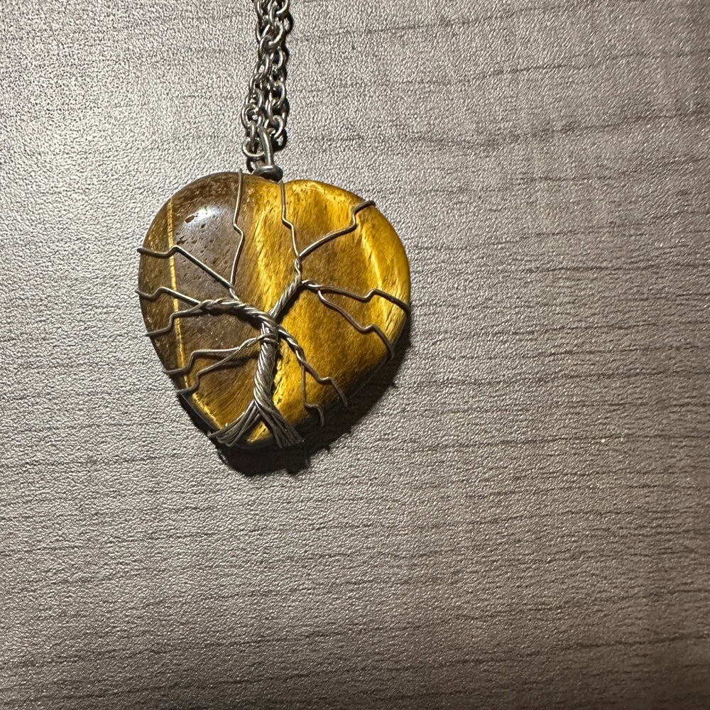 Tree of life necklace with brown tiger eye heart stone